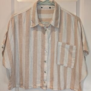 Striped Linen Blend Cropped Button Front Shirt Top Neutral Beachy